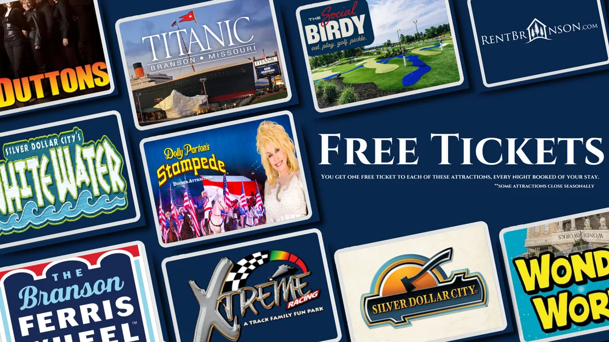 A colorful interior display of various attraction tickets, each featuring vibrant designs and bold typography. The tickets are arranged in an inviting way, suggesting a range of local entertainment and experiences available to guests.