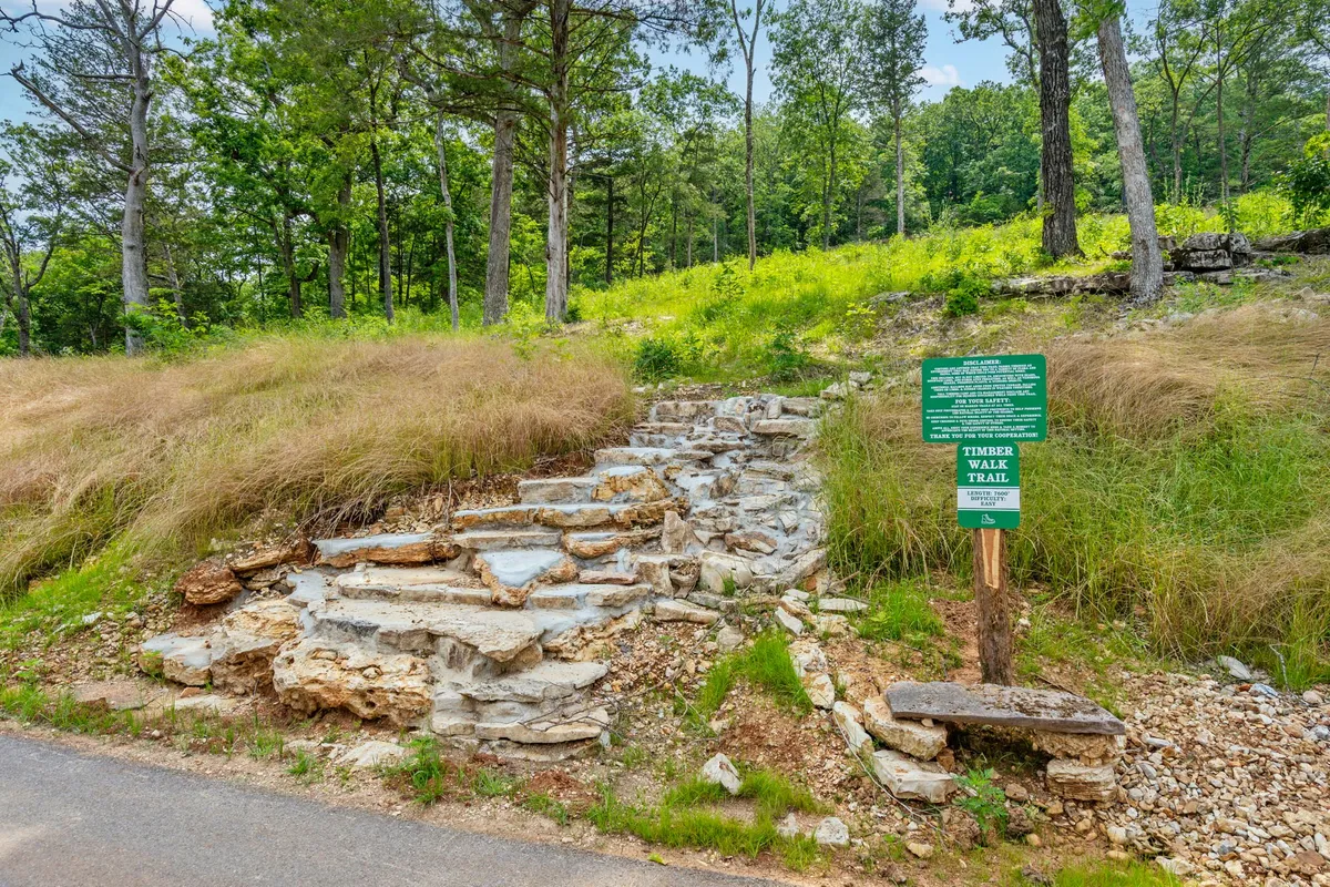 A tranquil trailhead marked by stone steps and a wooden trail sign, surrounded by lush green trees and a grassy area. The scene evokes a peaceful, natural setting ideal for hiking and wildlife observation, with dappled sunlight filtering through the canopy.